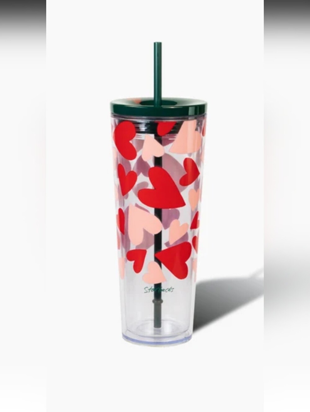 Starbucks Clear Tumbler with Red & Pink Hearts and Green Lid-NWT